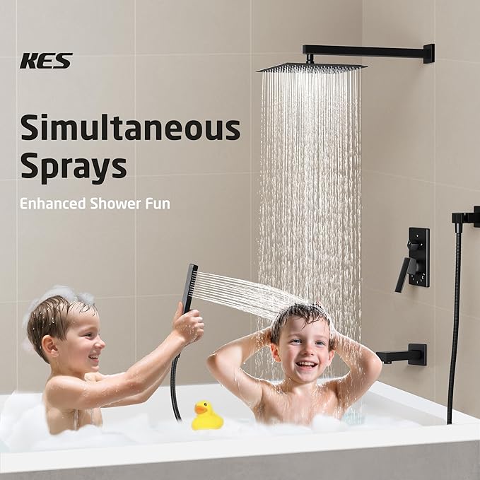 KES Shower System Pressure Balancing Shower Valve with Tub Faucet Spout Set Handheld and 10 Inch Rainfall Shower Head Combo All Metal Matt Black, XB6300-BK