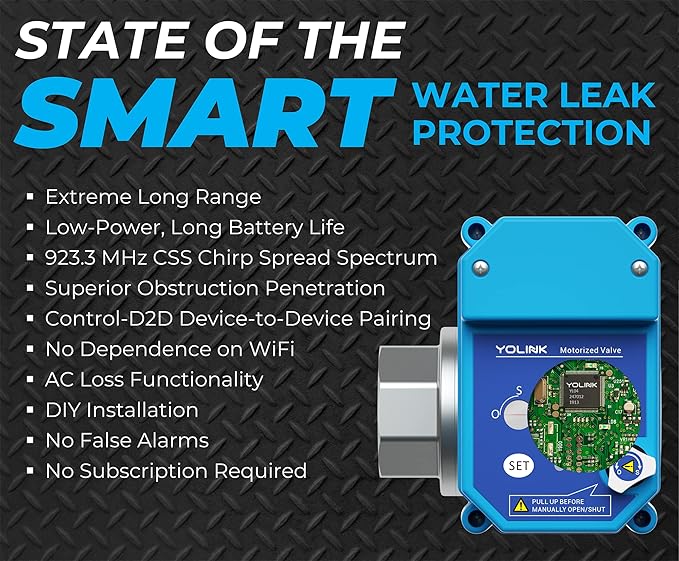 YoLink LoRa Smart Water Leak Protection System, Including 1/2" Commercial Grade Smart Motorized Stainless Steel Valve, (3) Water Leak Sensors, Hub: Up to 1/4-Mile Range, IFTTT, Alexa, Home Assistant