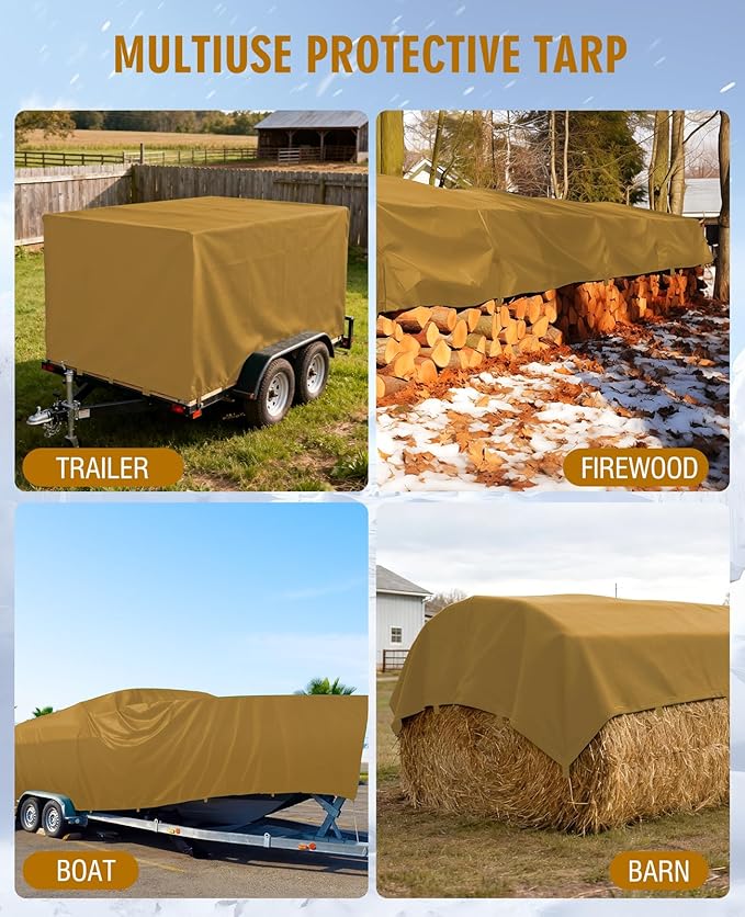 HIRALIY 20 Mil Heavy Duty Waterproof Tarp, 7x12ft Brown Tarpaulin with Reinforced Webbing Loops, Multipurpose Oxford Fabric Tarp for Firewood, Roof, Camping, Pool