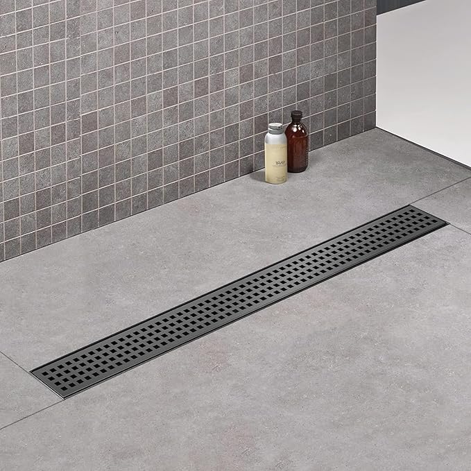 Linear Shower Drain, 18 inch Black Drain with Removable Grate Cover, Brushed 304 Stainless Steel Shower Floor Drain, Linear Drain with Hair Strainer and Adjustable Feet