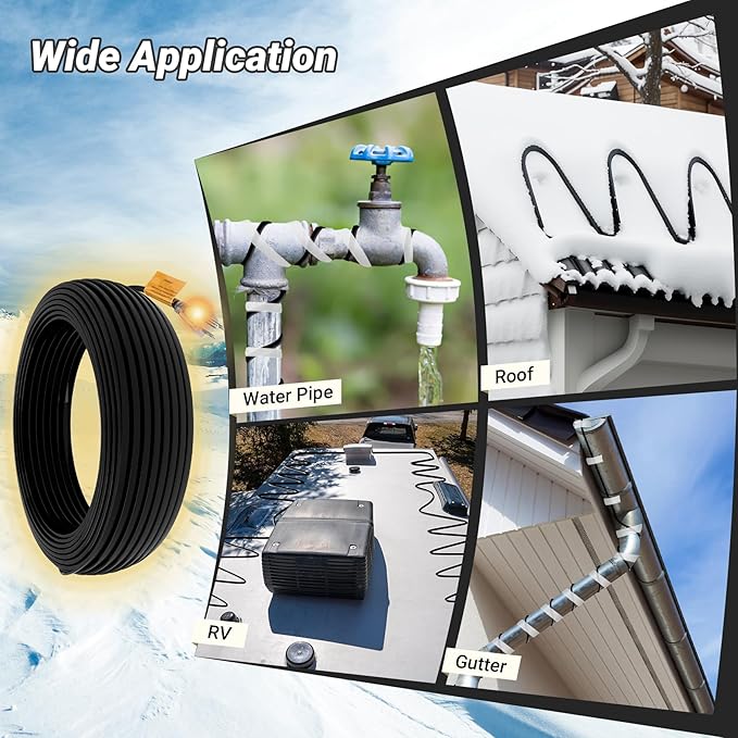 100FT Heat Tape for Roof and Gutters, 8W/FT Roof Snow De-Icing Kit w/ 45PCS Clips & Spacers, Self-Regulating Heat Cable, Roof Heat Tape for Ice Dam & Pipe Freeze Prevention, 120V, LED Plug