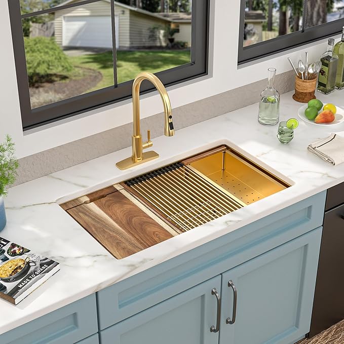 36 Undermount Kitchen Sink Gold - Fulorni 36"x19" Kitchen Sink Brushed Gold NANO-PVD Ledge Workstation 16 Gauge 304 Stainless Steel Under Counter Large Single Bowl Basin
