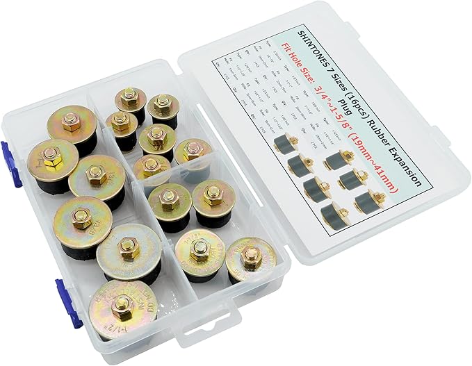 16pcs Automotive Rubber Expansion Plug, 7 Sizes Rubber Expandable Freeze Plugs Kit Fit Hole Size:3/4" 7/8" 1" 1-1/8" 1-1/4" 1-3/8" 1-1/2" (19mm~41mm)
