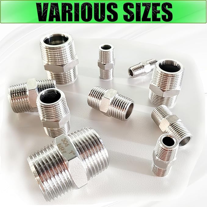 1/2" Male to Male NPT Hex Nipple Pipe Fittings, 304 Stainless Steel 1/2 inch MNPT Threaded Pipe Adapter Equal Straight Nipples Connector Fitting, 2pcs