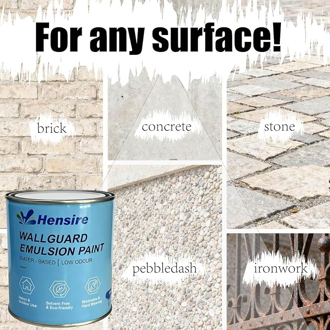 Hensire Wallguard Masonry Paint - Waterproof Water-Based Exterior Paint for Concrete & Brick, Low Odor Durable Matt Finish for Stone, Pebbledash & Ironwork Surfaces (Black, 85Fl oz/2.5L)