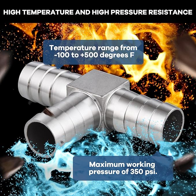 304 Stainless Steel 5/8" Barb x 5/8" Barb 3 Way Tee T Shape Joint Splicer Mender Fitting Union for Water, Fuel, Air - 2PCS