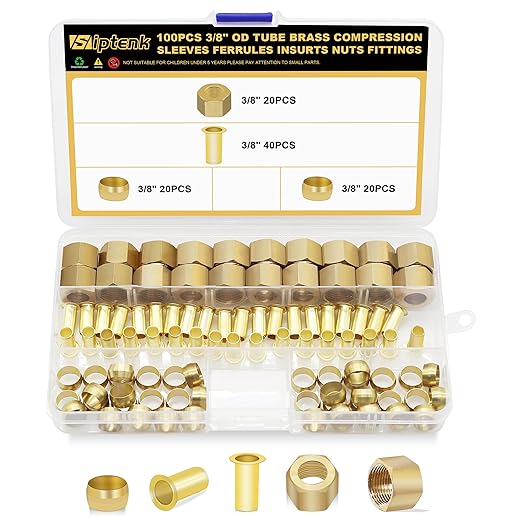 Siptenk 3/8" Brass Compression Fittings Sleeves Ferrules Inserts Nuts Fittings, 100PCS Brass Ferrule Tubing Insert Kit for DOT Air Brake Line Fittings