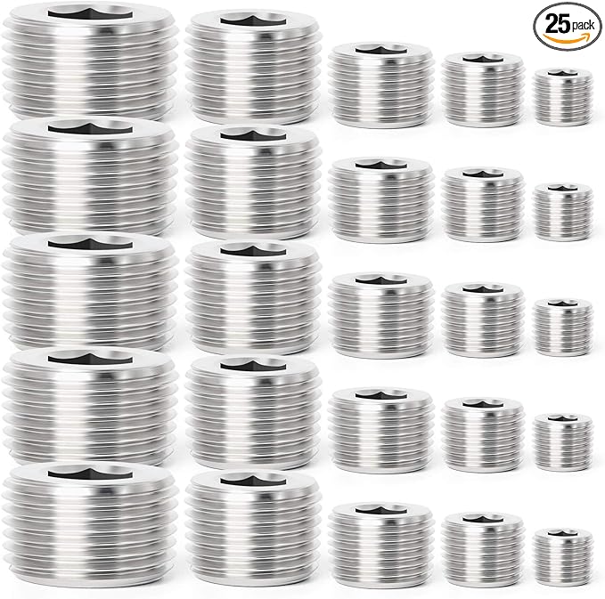 TAISHER 25PCS Stainless Steel Internal Hex Thread Socket Pipe Plug Fitting 1/8" 1/4" 3/8" 1/2" 3/4" NPT Male