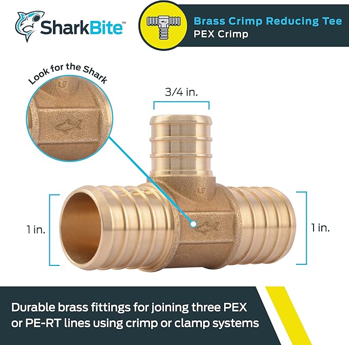 SharkBite 1 Inch x 1 Inch x 3/4 Inch Crimp Reducing Tee, Brass Plumbing Fitting, PEX Pipe, PE-RT, UC416LFA (Pack of 2)