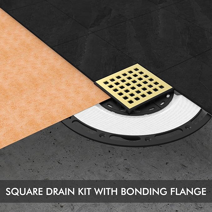 Shower Drain Kit with Brushed Gold Shower Grate, Waterproof Membrane and Pipe Sealing Collar, Complete Floor Drain System for Tiled Showers and Bathrooms