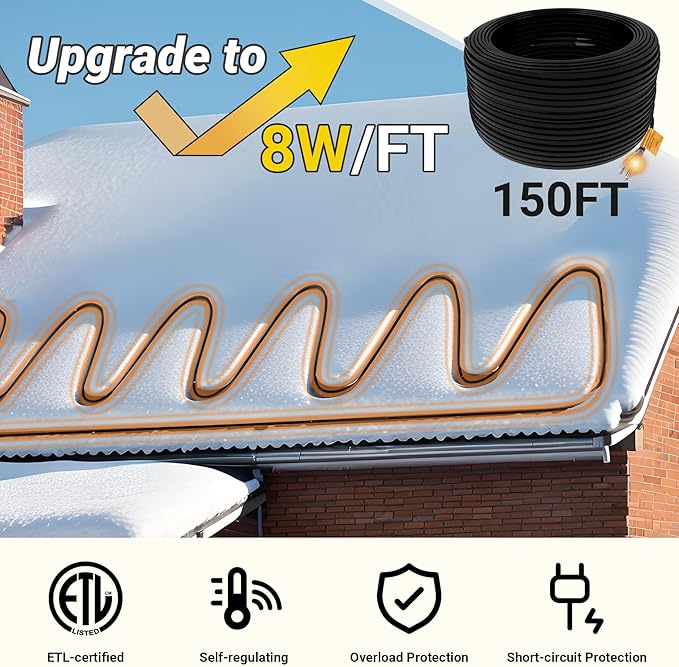 Heat Tape for Roof and Gutters 152FT, 8 Watts/ft Roof Heat Cable w/ 60PCS Clips & Spacers, Self-Regulating Heat Cable w/LED Plug, Gutter Heat Cable for Ice Dam & Pipe Freeze Prevention