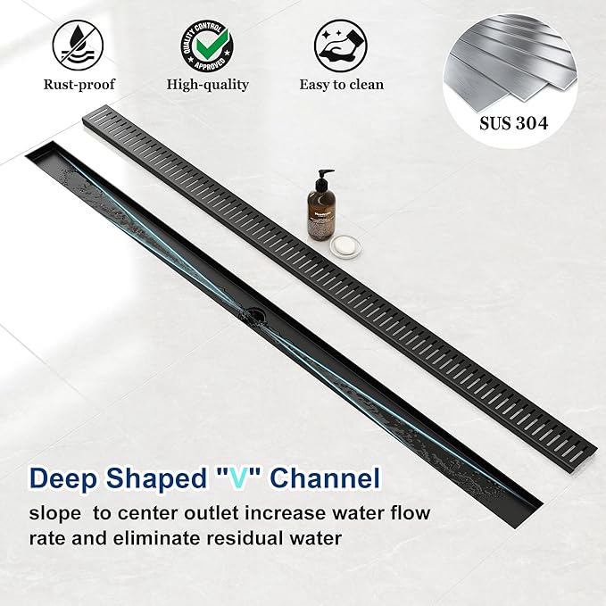 Neodrain 48" Matte Black Bathroom Linear Shower Drain with Removable Capsule Pattern Grate, 304 Stainless Steel Shower Floor Linear Drain- CUPC Certified with Hair Strainer