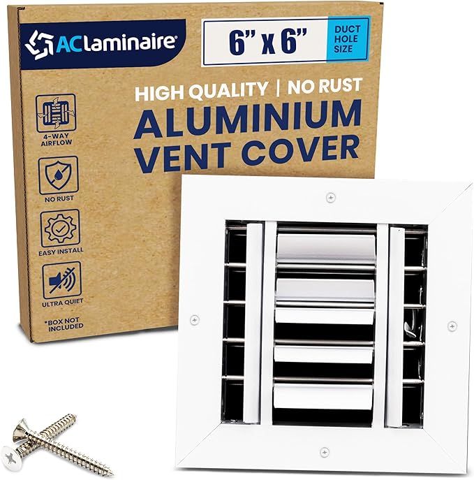 6x6 Inch (Duct Opening) Aluminum 4-Way Air Flow Vent – HVAC Vent Cover for Wall or Ceiling – Quiet HVAC Wall Register with Multi-Shutter Damper – Adjustable Curved Blade - Plastic Seal for Tight Fit