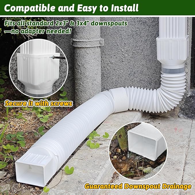 2 Pack Rain Gutter Downspout Extensions 60" with Filter, Corrugated Flexible Gutter Pipe, Downspout Diverter, Down Spout Drain Extension, Extendable from 20" to 60", Screws for Included, White