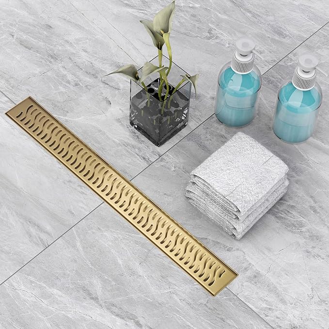 Linear Shower Drain 48 inch, Floor Drain with Removable Pattern Grate, 304 Stainless Steel Rectangular Linear Drain with Hair Strainer, CUPC Certified, Brushed Gold, SD-103