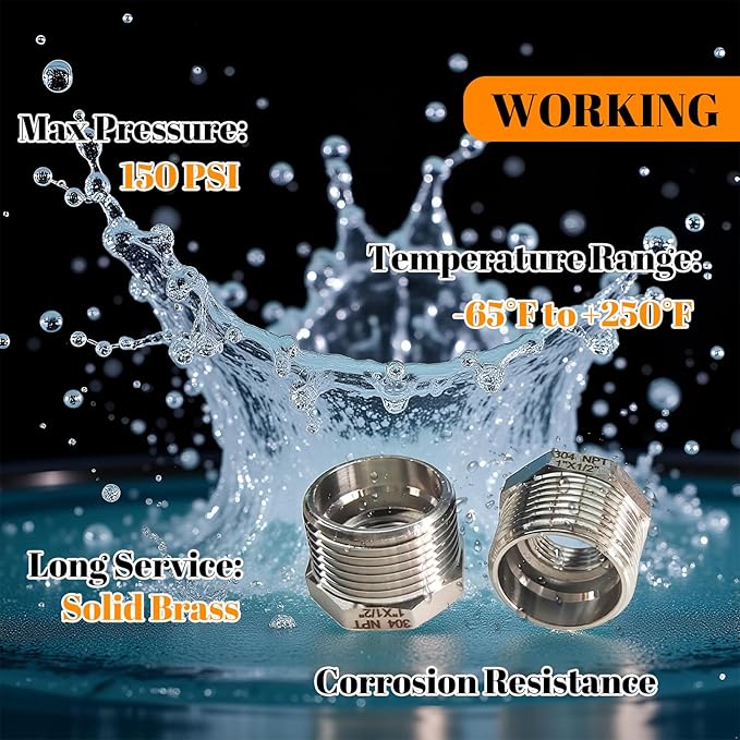 2 Pcs Stainless Steel Bushing 1" Male to 1/2" Female, 1" to 1/2" NPT Adapter Hex Stainless Steel Reducing Pipe Adapter Fitting Pipe Hose Tube Adapter Convert