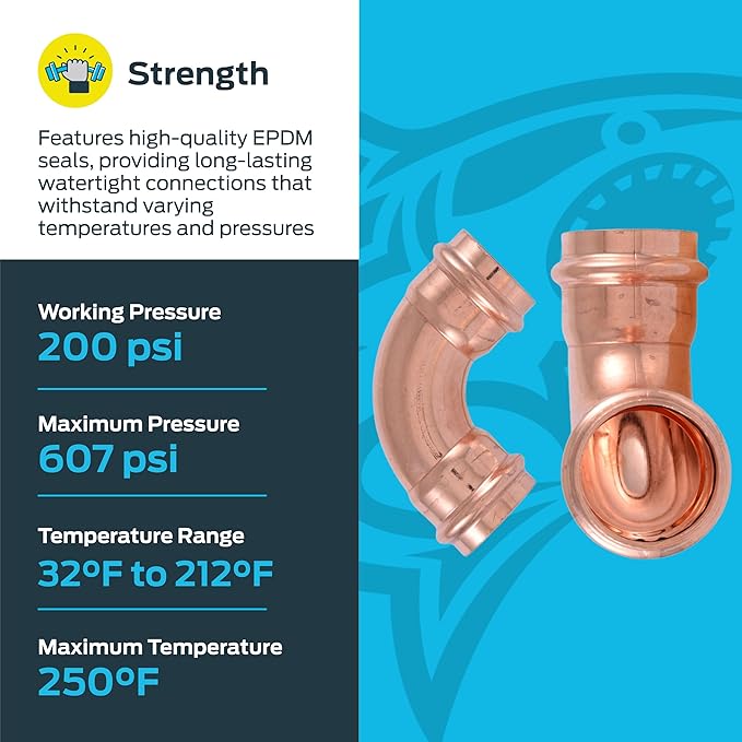 SharkBite 1-1/4 x 1-1/4 Inch 90 Degree Elbow, Copper Press Plumbing Fitting, Pack of 2, UPR0235X2