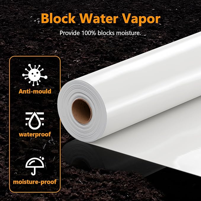 Crawl Space Vapor Barrier, 10mil Film, 10'x100', White Plastic Sheeting - Thick Plastic Sheeting, Heavy Duty Polyethylene Film, Drop Cloth Vapor Barrier Covering for Crawl Space, Garden, Basement