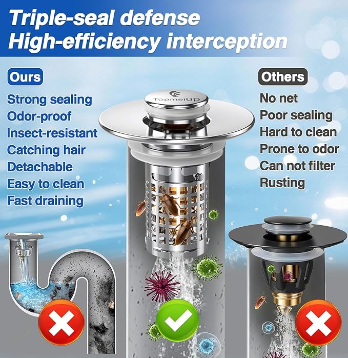 Sink Stopper Hair Catcher, Pop-up Sink Drain Strainer with Removable Stainless Steel Strainer Basket Hair Catcher, Bathroom Sink Strainer for Bathroom Sink Stopper Replacement(NEW-2PCS)