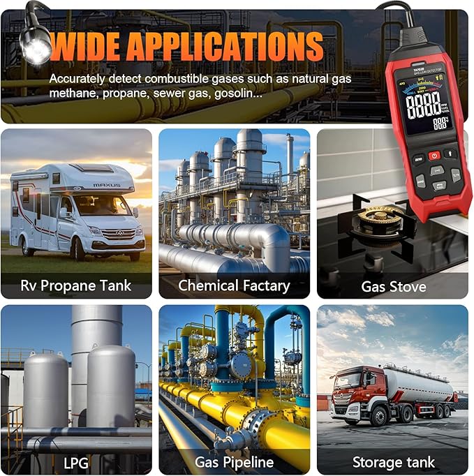 Gas Leak Detector with Flashlight Gooseneck, Rechargeable Natural Gas Leak Detector with LED Digital, Alert, Locating The Source Like Propane, Methane, LPG and Butane for Industrial, Home Kitchen RV