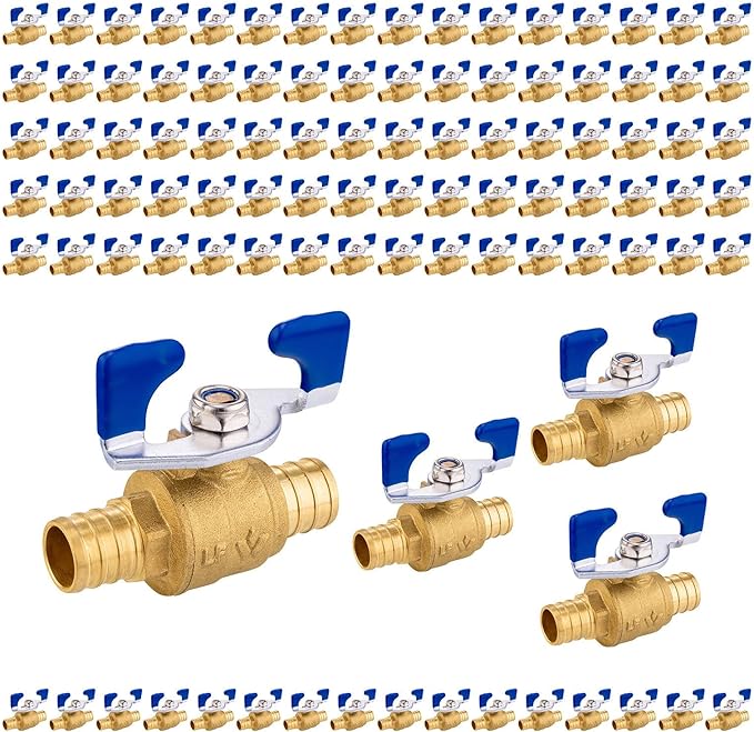100PCS Foskan 3/4" PEX Crimp Ball Valve, Brass Full Port Shut-off Valve with Blue Butterfly Handle for Portable Water Poject