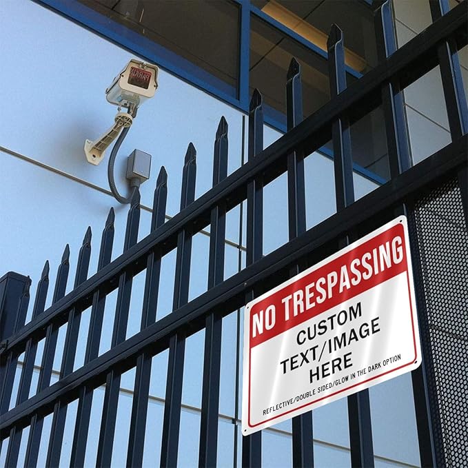 Custom No Trespassing Sign, Glow in the Dark/Reflective Option, 22''x16'' Personalized Large Aluminum Warning Signs, Customize for Business, Yard, Garden, School, Indoor/Outdoor Use