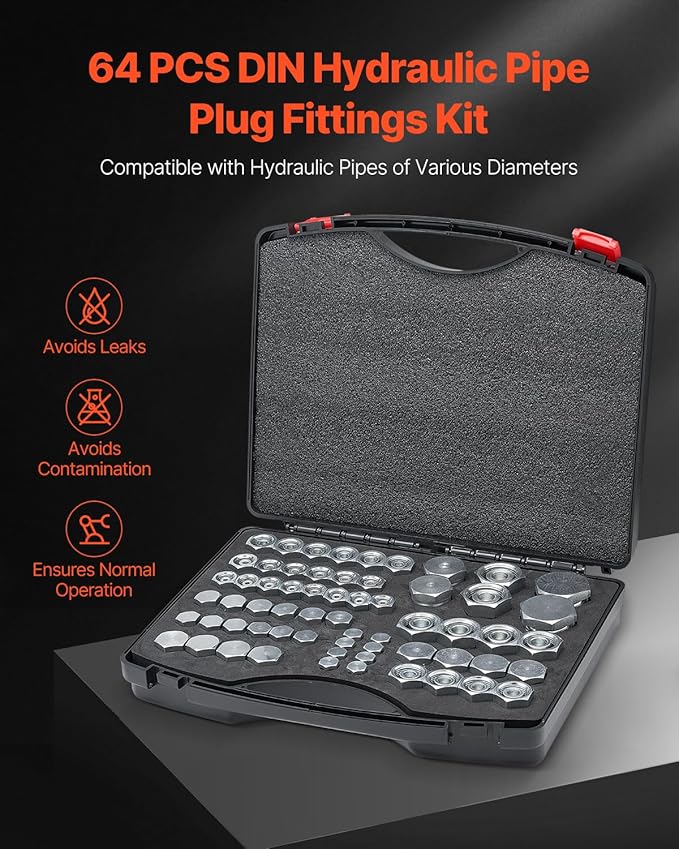VEVOR 64 PCS DIN Hydraulic Fittings, Heavy Duty Master Industrial Hydraulic Cap and Plug, Hose Tube and Pipe Fitting Kit, Cap and Plug Kit with Precision Threading, Dash Sizes 14/16/18/22/26/30/36