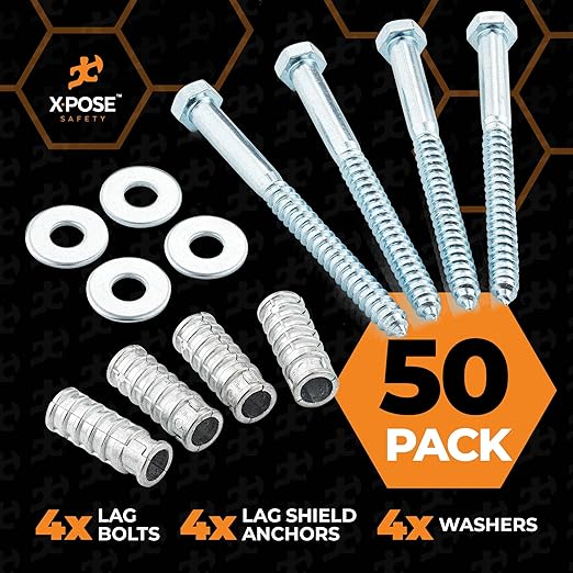 Concrete Anchors Set with 6" Lag Bolt, Lag Shield and Washer - 50 Sets per Pack - 1/2" Bolt Lag Screws 6-Inch for Parking Curb Stop - Galvanized Steel Lag Bolts