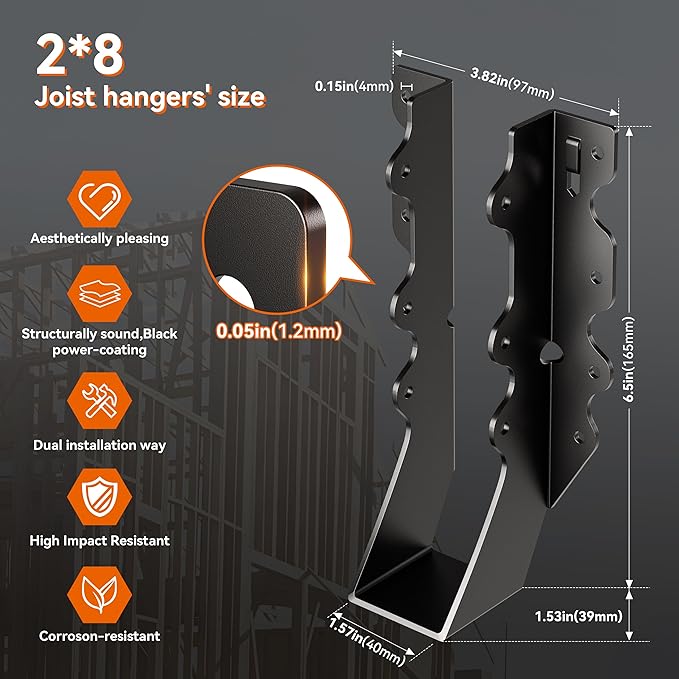 25 Pcs Black Joist Hangers 2x8, Rafter Brackets , Hurricane Straps for 2x8 Face Mount Joist Hangers 2X8 for Shed/Barn/Coop/Porch/Truss/Decks, Structurally Sound and Aesthetically Pleasing