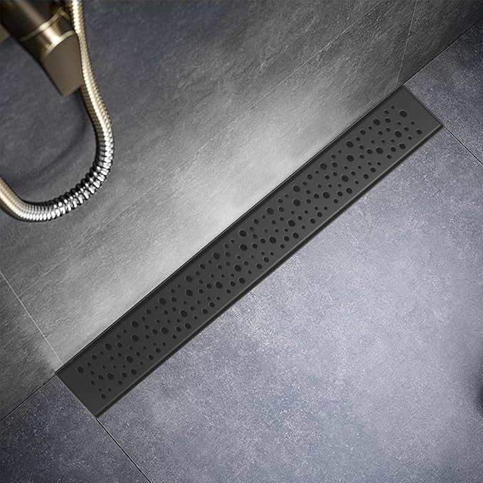 Sharp-tec Shower Drain, 28 inch Linear Shower Drain, Matte Black 304 Stainless Steel Rectangular Shower Floor Drain with Adjustable Leveling Feet, Hair Strainer, cUPC Certified, ST-099-28B