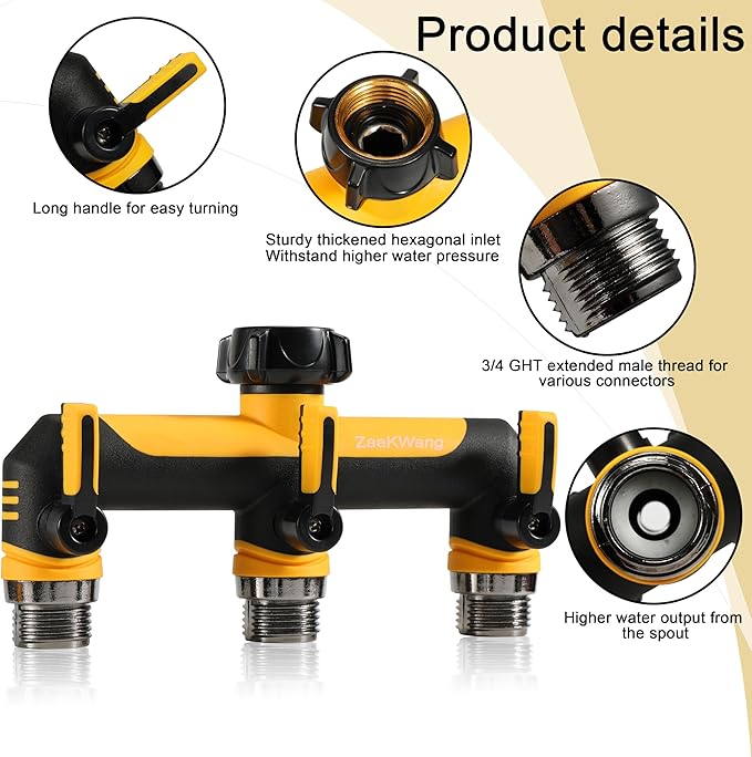 Full Flow Heavy Duty 3 Way Hose Splitter, Rugged Garden Faucet Adapter, Spout Diverter T - Way Adapter with Extended Handle, 3/4” GHT Thread, Yellow