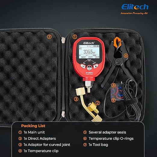Elitech PT-800Pro Digital Pressure Gauge – High Pressure HVAC Refrigeration Manifold Gauge with Bluetooth, Temperature Clamp, and Leak Detection