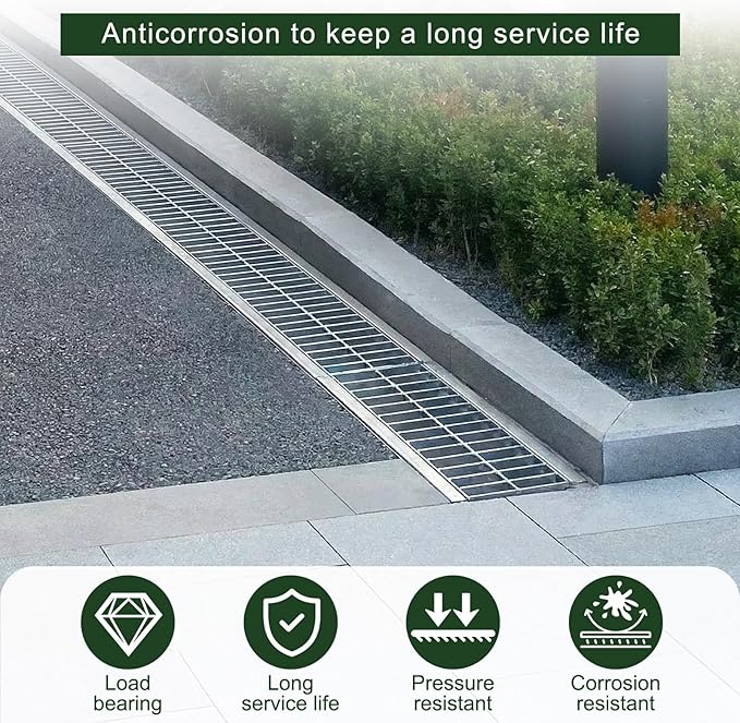 Blulu 1 Pcs 304 Stainless Steel Channel Drain with Galvanized Steel Grate 39.4x10x5.5 Inch Trench Drain Kit for 3'' Pipe Durable French Drains System for Outdoor Driveway Garage Yard (Silver)