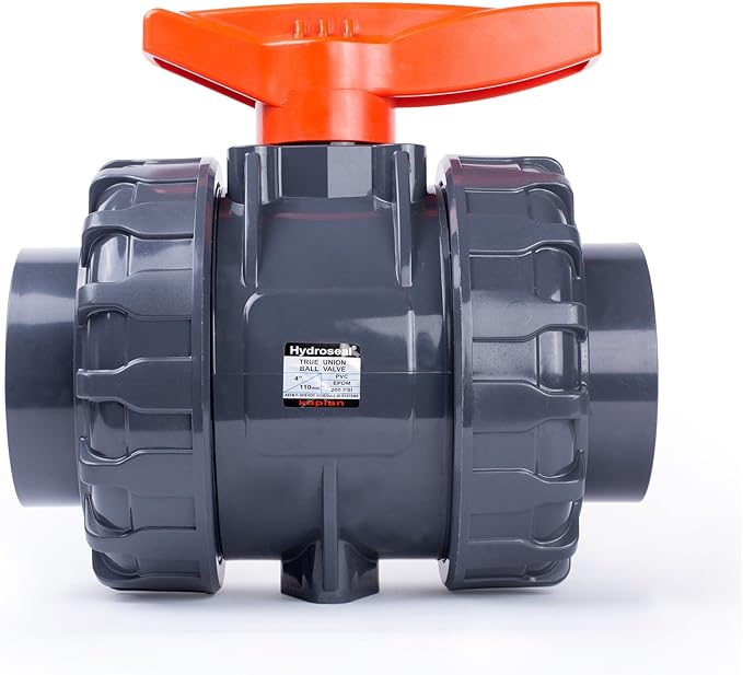 HYDROSEAL Kaplan 4" PVC True Union Ball Valve with Full Port, ASTM F1970, EPDM O-Rings and Reversible PTFE Seats, Rated at 200 PSI @73F, Gray, 4 inch Socket (4")