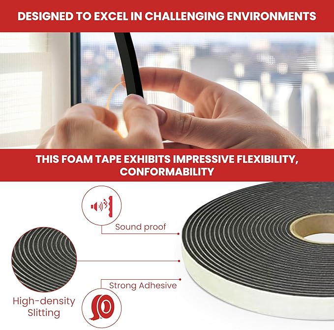 GGR Supplies PVC Black Foam Tape Weather Stripping Door Seal Self Adhesive, Soundproofing, Insulation, Weatherstrip, Pipe Cooling - Ideal for Doors, Windows, and AC Seal. (W:1/2In xT: 1/8In: 75ft.)