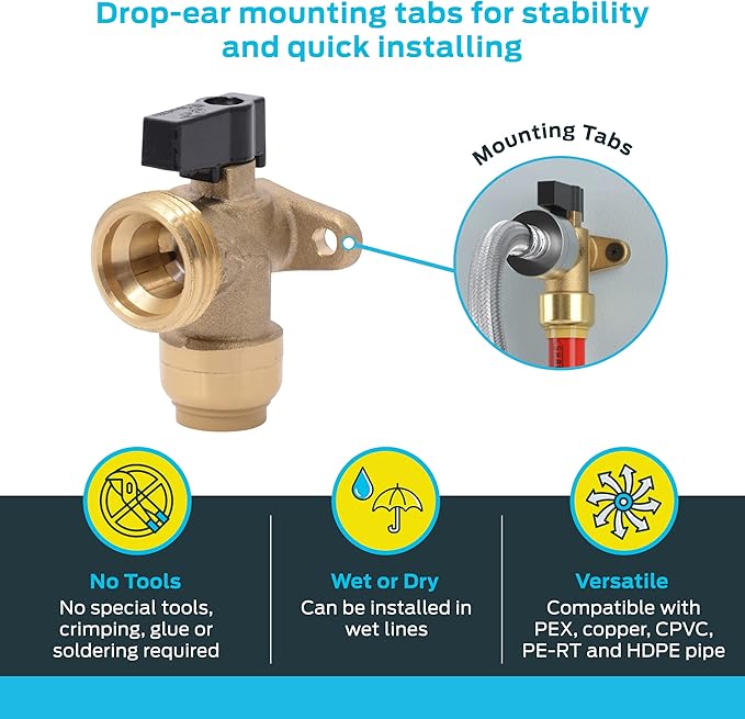 SharkBite 1/2 Inch x 3/4 Inch MHT Washing Machine Angle Valve, Push To Connect Brass Plumbing Fitting, PEX Pipe, Copper, CPVC, PE-RT, HDPE, 25560LF
