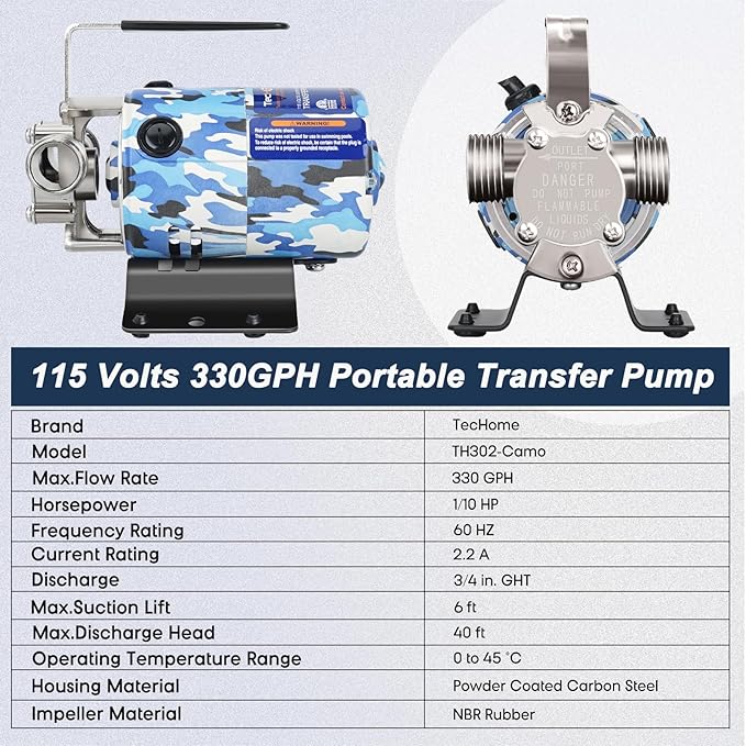 115V 1/10HP 330GPH Utility Rain Barrel Waterbed Pump, With Water Hose Kit, Camouflage Color.