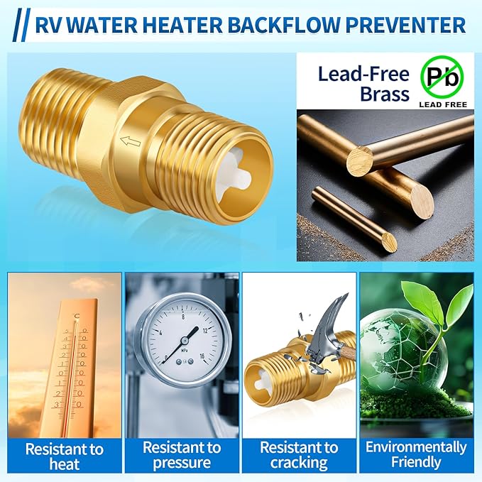 RV Water Heater Check Valve, 1/2" NPT Male to Male Thread Hot Water Heater Backflow Preventer, Lead-Free Brass Plumbing Backflow Check Valve for RV, Camper, Motorhome, Trailer
