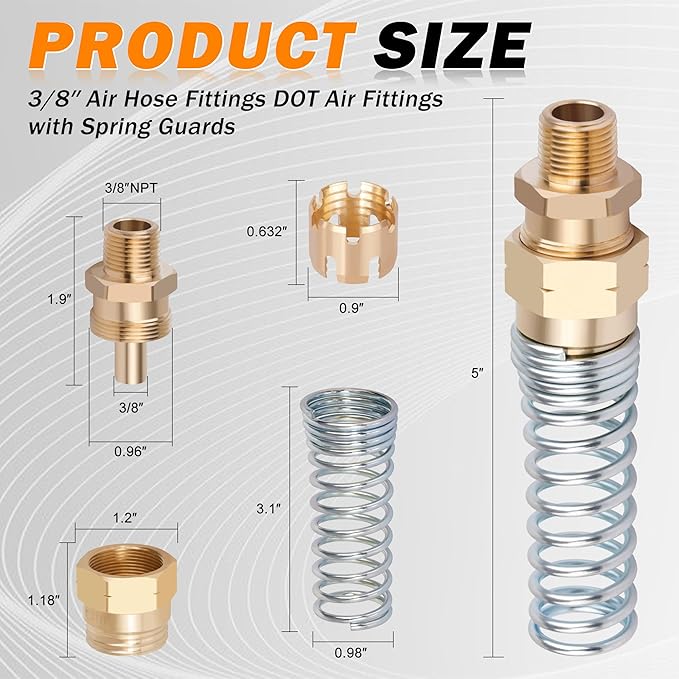 4Pcs Brass 3/8” Air Hose Fittings DOT Air Fittings with Spring Guards, 3/8” Male Connector for Rubber Tube, Air Brake Hose End Fittings, with 8Pcs Fitting Sleeve Tubes