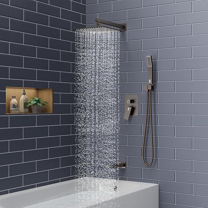 SR SUN RISE 12 Inches All Metal Bathtub Faucet Set Shower System with Tub Spout Square Rain Shower Head and Handheld Combo Shower Fixtues, Modern Valve and Trim Kit, Oil-Rubbed Bronze