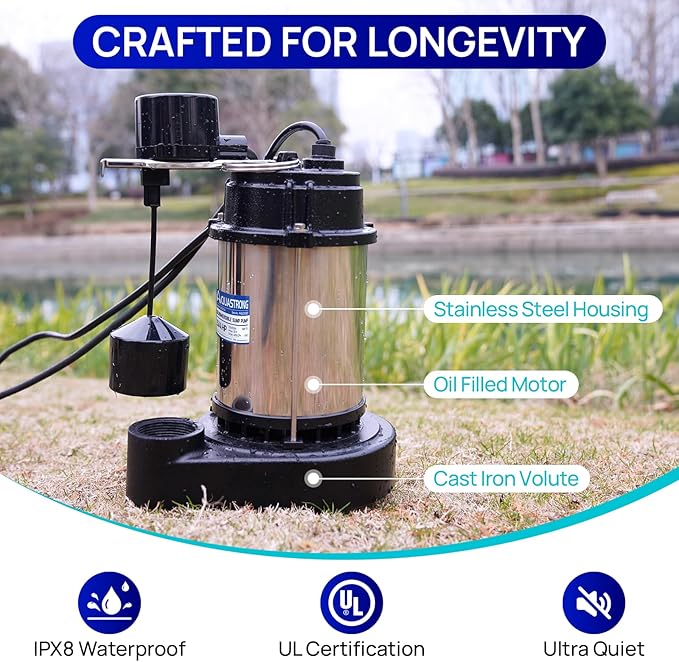 AQUASTRONG 3/4 HP Sump Pump Submersible, 4890 GPH Stainless Steel and Cast Iron Sump Pump, Automatic Integrated Vertical Float Switch with Piggy-back Plug,1-1/2" NPT Discharge Subpumps for Basement