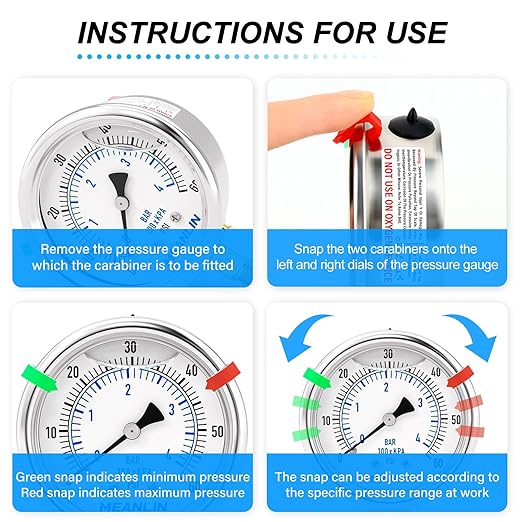 MEANLIN MEASURE 0~60Psi Liquid Filled Pressure Gauge Stainless Steel 1/4" NPT 2" FACE DIAL for Pool Filter Pump Oil Air Compressor Tire Pressure Tester Lower Mount, with Hex Bushing and 2PCS Snaps