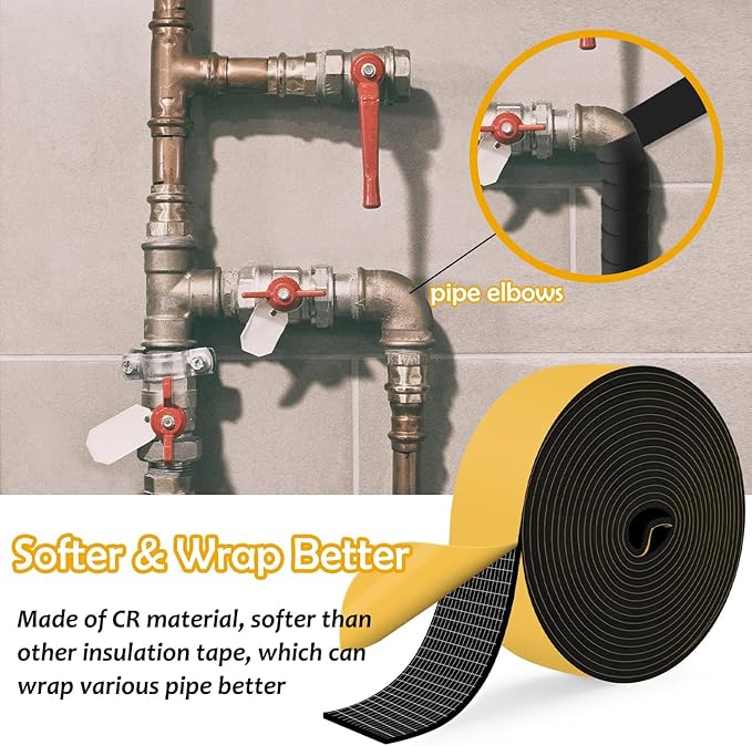 DEMEDO Pipe Insulation Tape, Pipe Wrap Insulation Foam Tape Self Adhesive, Outdoor Water Pipe Insulation Roll for HVAC, AC Line Insulation, 6 inch x 16.5 FT Heat Tape for Water Pipe, Black
