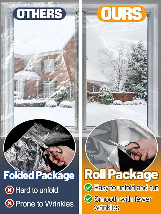 Thicken 63×433in Window Insulation Kit for Winter - Fits 10 Windows of 3' x 5' Clear Plastic for Patio Winterizing, Heat Shrink Cuttable Window Film with Double-Sided Tape