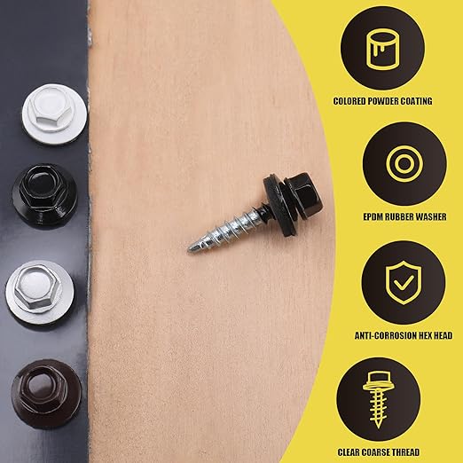 300pcs #10 x 1 Black Hex Head Self-Drilling Metal Roofing Screws, EPDM Washer, Colored Head, Wood Screws, Sheet Metal Roof Screw with Hex Driver Bit