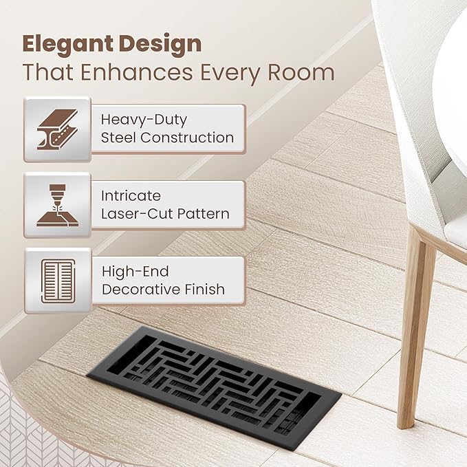 Floor Register 4x10 Vent Cover – 2 Pack – Heavy-Duty Steel, Rustproof & Walkable Grates, Drop-in Install, Adjustable Air Supply Switch - Decorative Herringbone Design, Textured Black