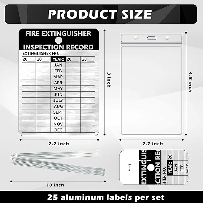 25 Pcs Fire Extinguisher Inspection Tag Waterproof Plastic Cover 2.67 x 4.53 Inch Service Record Tags Durable Aluminum Metal Tags Tamper Seal with Iron Wire Resealable for Indoor and Outdoor (25)