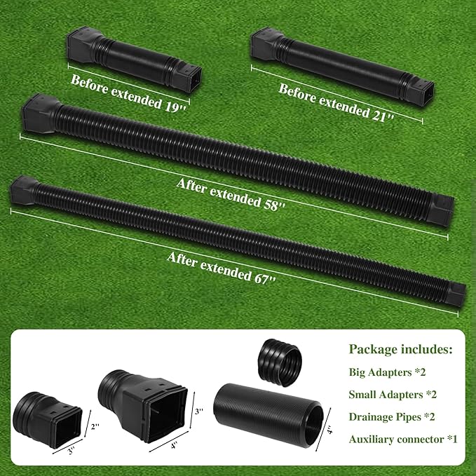 Flexible Gutter Downspout Extensions, Connectable Downspout Extender with 58"+ 67" Extendable Pipe, Thickened Down spout Drain Extension for Rainwater Drainage(2 Pack, Black)