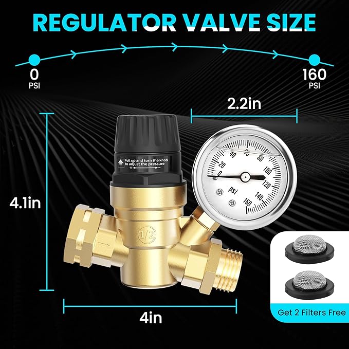 Water Pressure Regulator for RV and Garden Lead-Free Brass Adjustable Water Pressure with 0-160 PSI Silicone Oil Gauge and Screen Filter Use in Camper, Trailer, RV Plumbing System