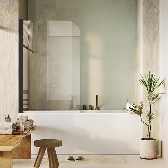 Fixed Frameless Shower Screen for Bathtub - 32" W x 55" H Glass Panel, 6mm Tempered Glass with Matte Black Aluminum Frame, Easy Install Bath Enclosure for Modern Bathroom